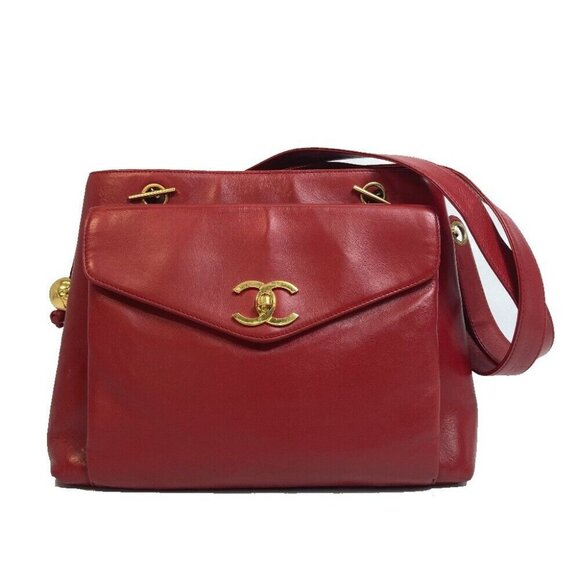 CHANEL CC Turn Lock outside flap Shoulder Tote Chain Shoulder Bag Lambskin Red - Picture 1 of 13